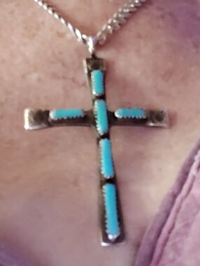 🛑 SERIOUS BUYERS 🛑 STERLING  MOJAVE TURQ.SIGNED CROSS  HERRINGBONE 20-IN NECK.